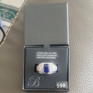 Sterling Silver Simulated Diamond Ring Blue Sapphire sz 10.5 New Men’s